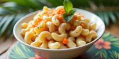 A realistic photo of Hawaiian macaroni salad served in a white ceramic bowl, creamy texture with elbow macaroni, finely grated carrots, and a light sprinkle of black pepper on top. The salad is placed on a tropical-themed table with soft natural lighting, palm leaf in the background, authentic food photography, shallow depth of field, high-resolution,