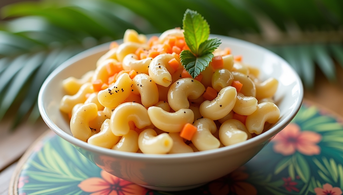 A realistic photo of Hawaiian macaroni salad served in a white ceramic bowl, creamy texture with elbow macaroni, finely grated carrots, and a light sprinkle of black pepper on top. The salad is placed on a tropical-themed table with soft natural lighting, palm leaf in the background, authentic food photography, shallow depth of field, high-resolution,
