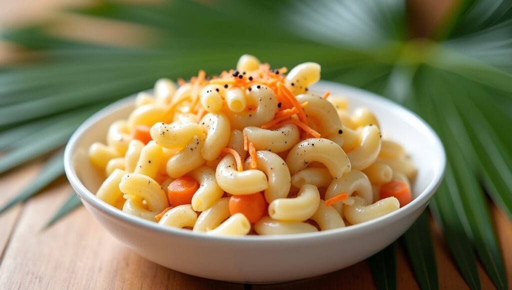 Hawaiian Macaroni Salad: Creamy, Tangy Island Comfort 5 A realistic photo of Hawaiian macaroni salad served in a white ceramic bowl, creamy texture with elbow macaroni, finely grated carrots, and a light sprinkle of black pepper on top. The salad is placed on a tropical-themed table with soft natural lighting, palm leaf in the background, authentic food photography, shallow depth of field, high-resolution,