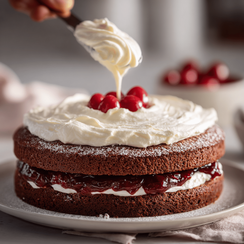 Black Forest Cake (Revival): The Ultimate 5-Star Favorite You’ll Love 8 Spreading whipped cream on Black Forest Cake