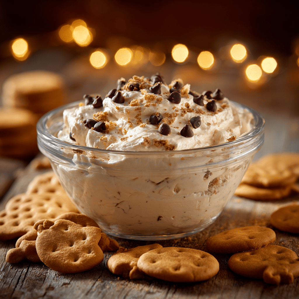 Booty Dip in glass bowl with chocolate chips and animal crackers