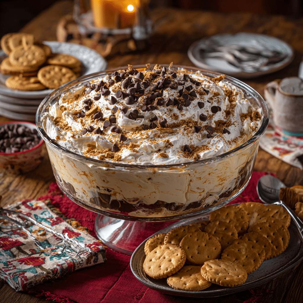 Booty Dip Recipe: Creamy No-Bake Sweet Dip You’ll Love 7 Booty Dip served with crackers in a trifle bowl
