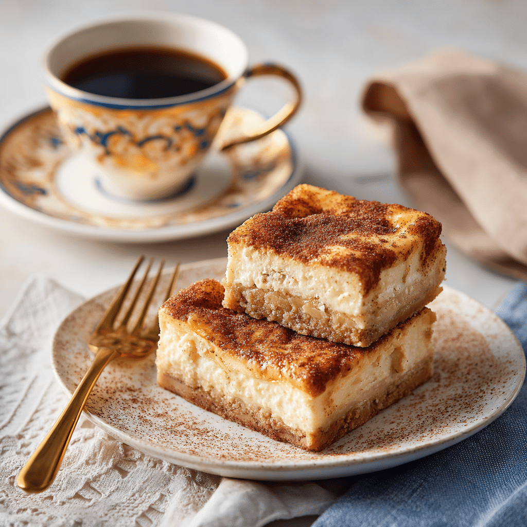 Churro Cheesecake Bars: Simple, Sweet, and Unbelievably Good 9 Served churro cheesecake bar with coffee