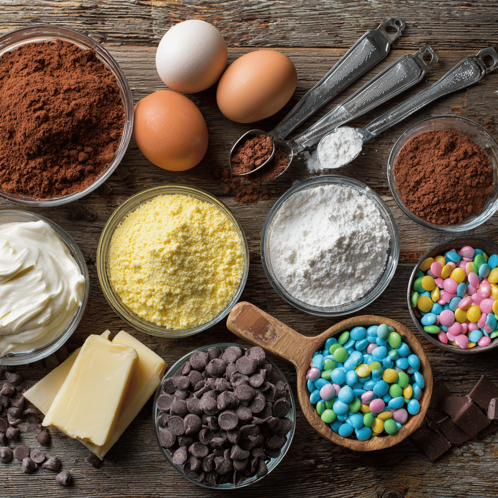 Homemade Cosmic Brownies: Easy, Chewy, and Better Than Store-Bought 8 Ingredients for homemade cosmic brownies laid out on table