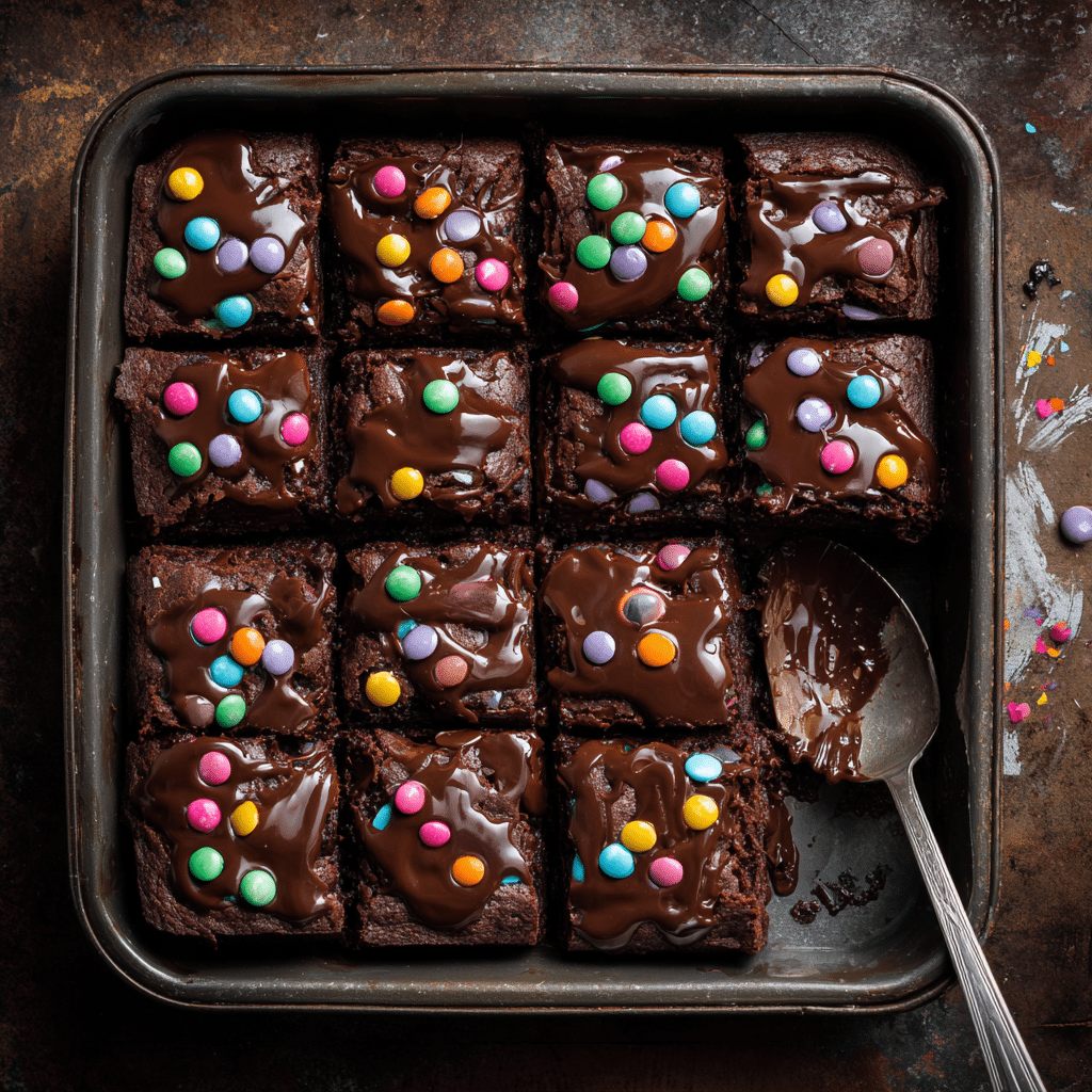 Homemade Cosmic Brownies in a tray with candy topping