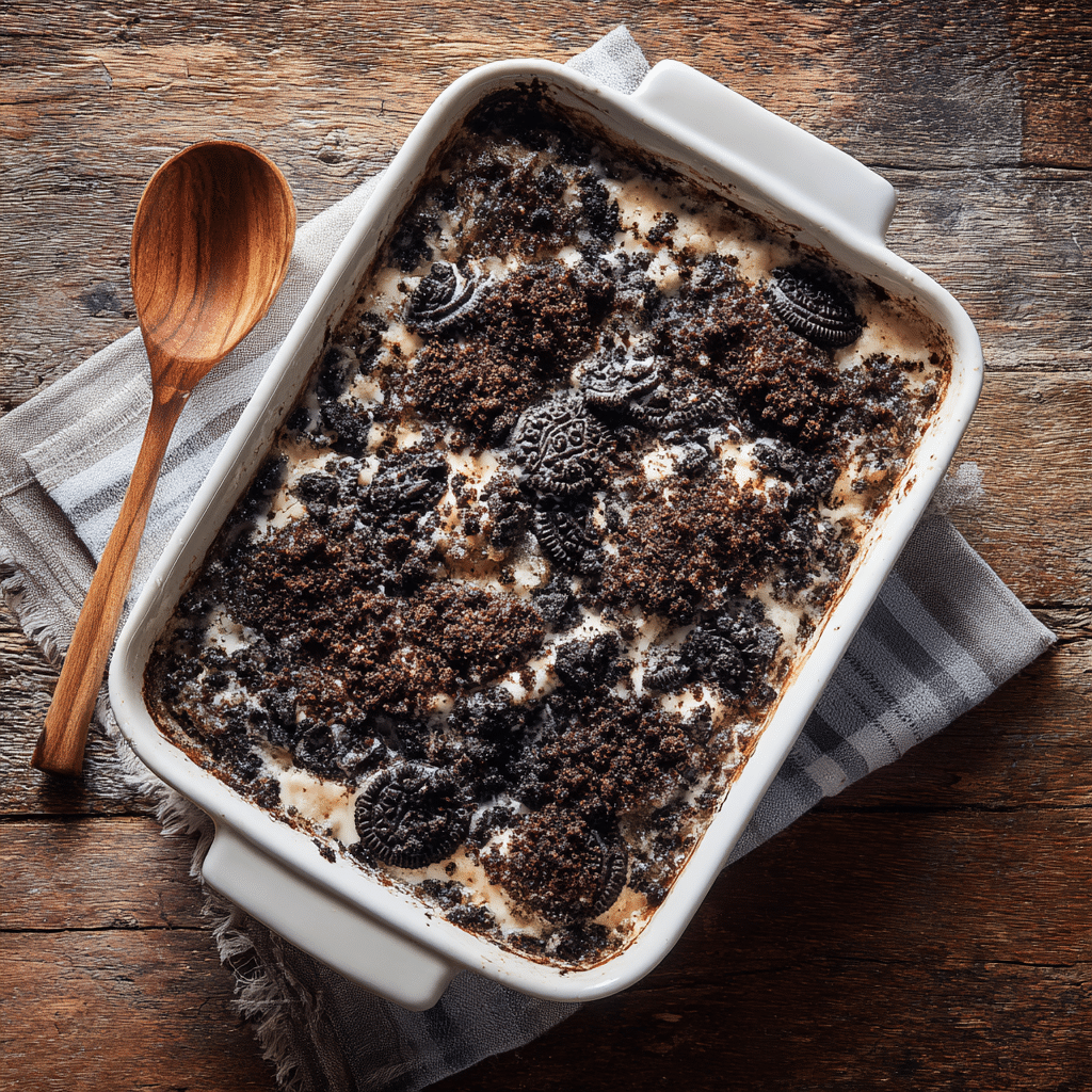 Oreo Dump Cake baked in a white dish with gooey chocolate topping