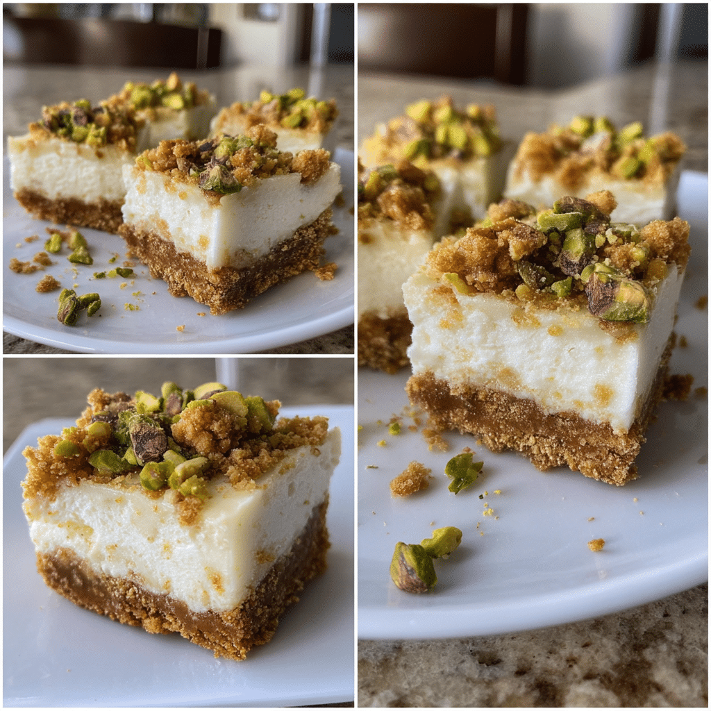 No-Bake Honey Pistachio Ricotta Bars on wooden board