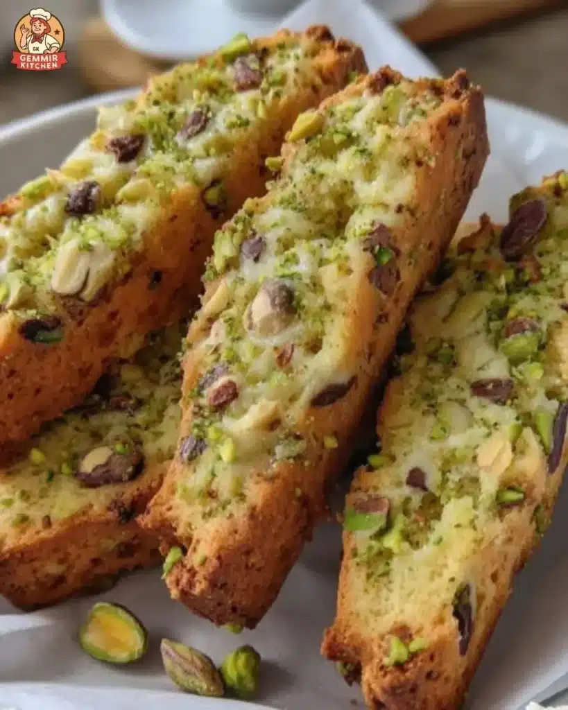 Delicious 6-Ingredient Mascarpone Pistachio Biscotti on a plate