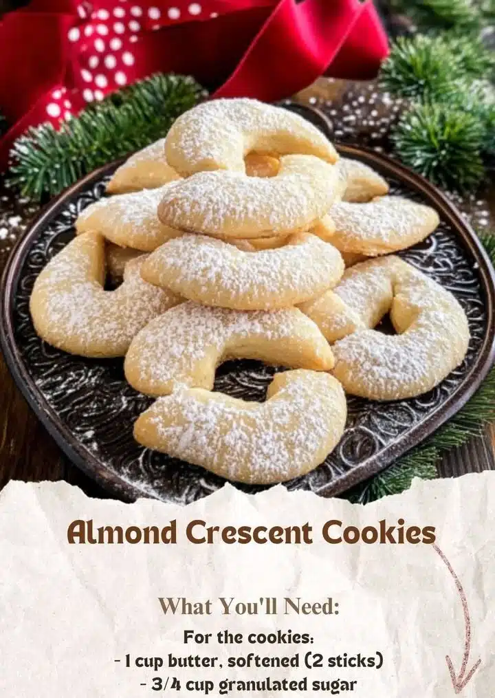 Almond Crescent Cookies 2 Freshly baked Almond Crescent Cookies on a decorative plate