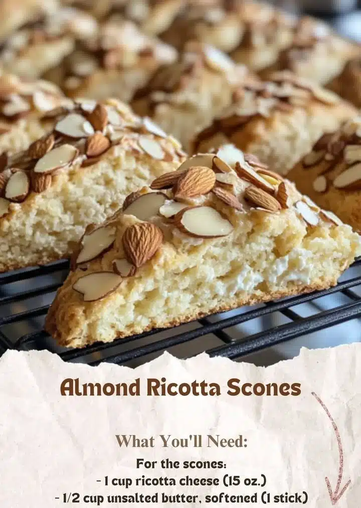 Almond Ricotta Scones 2 Freshly baked Almond Ricotta Scones on a serving plate