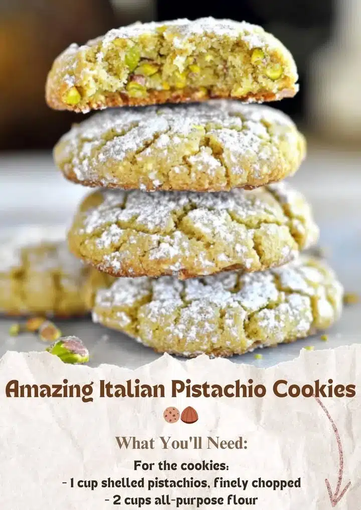 Baking a tray of delicious Italian Pistachio Cookies with vibrant green pistachios.