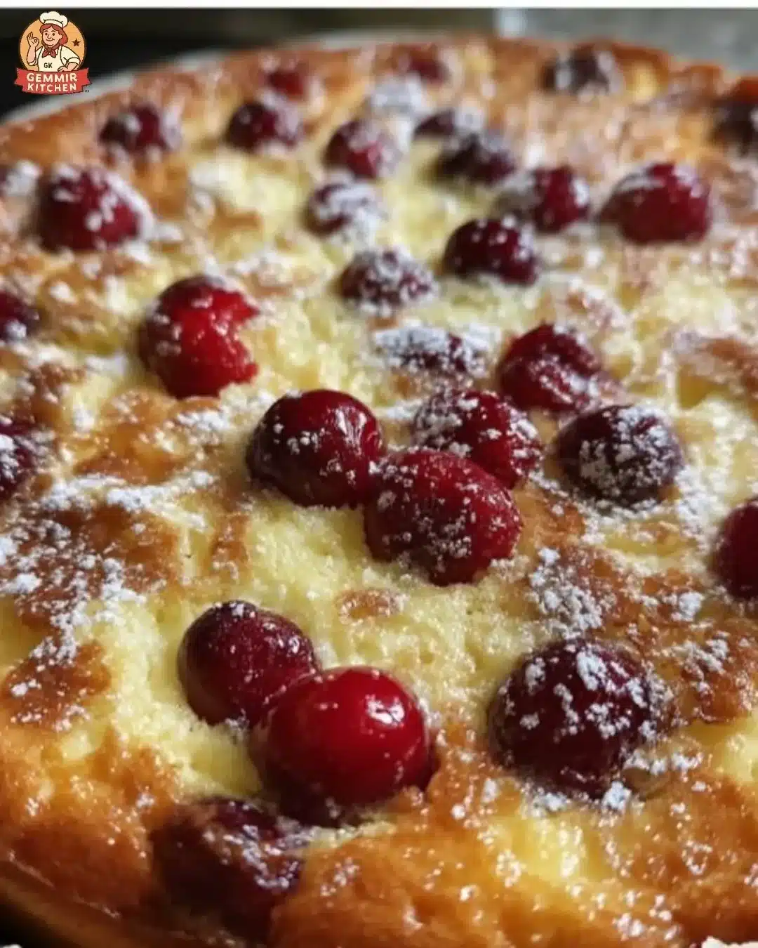 Slice of Cherry Almond Ricotta Clafoutis dessert with fresh cherries and almonds