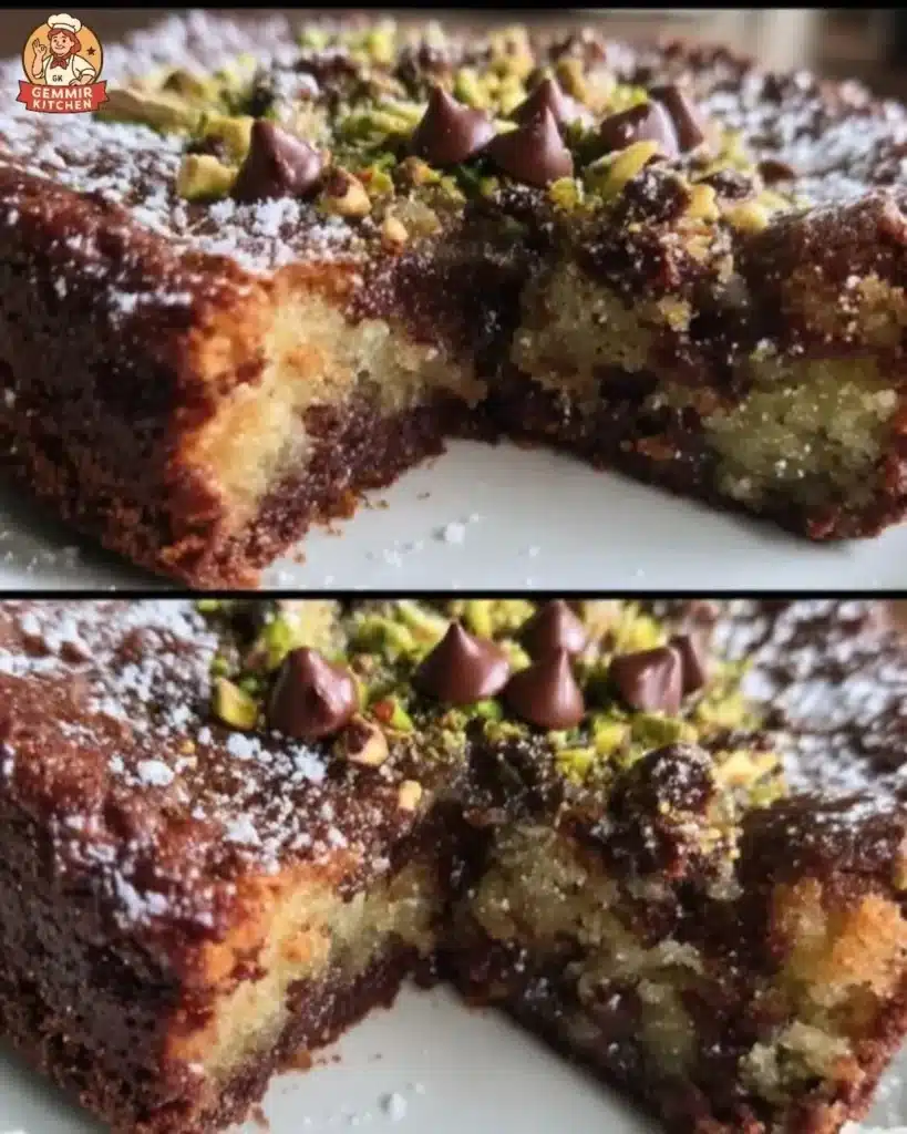 Delicious slice of Chocolate Pistachio Ricotta Cake topped with pistachios.