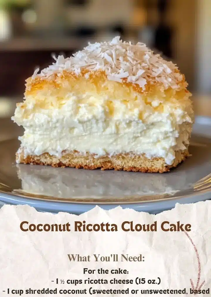 Coconut Ricotta Cloud Cake 2 Slice of Coconut Ricotta Cloud Cake topped with coconut flakes