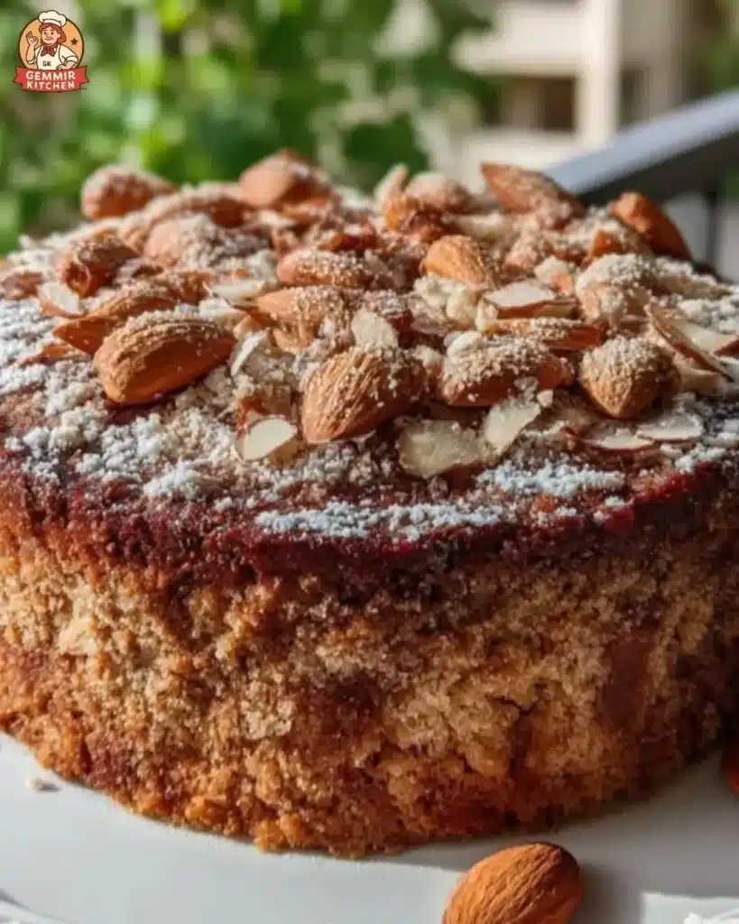 Sliced Coffee Almond Ricotta Torte garnished with almonds and coffee beans