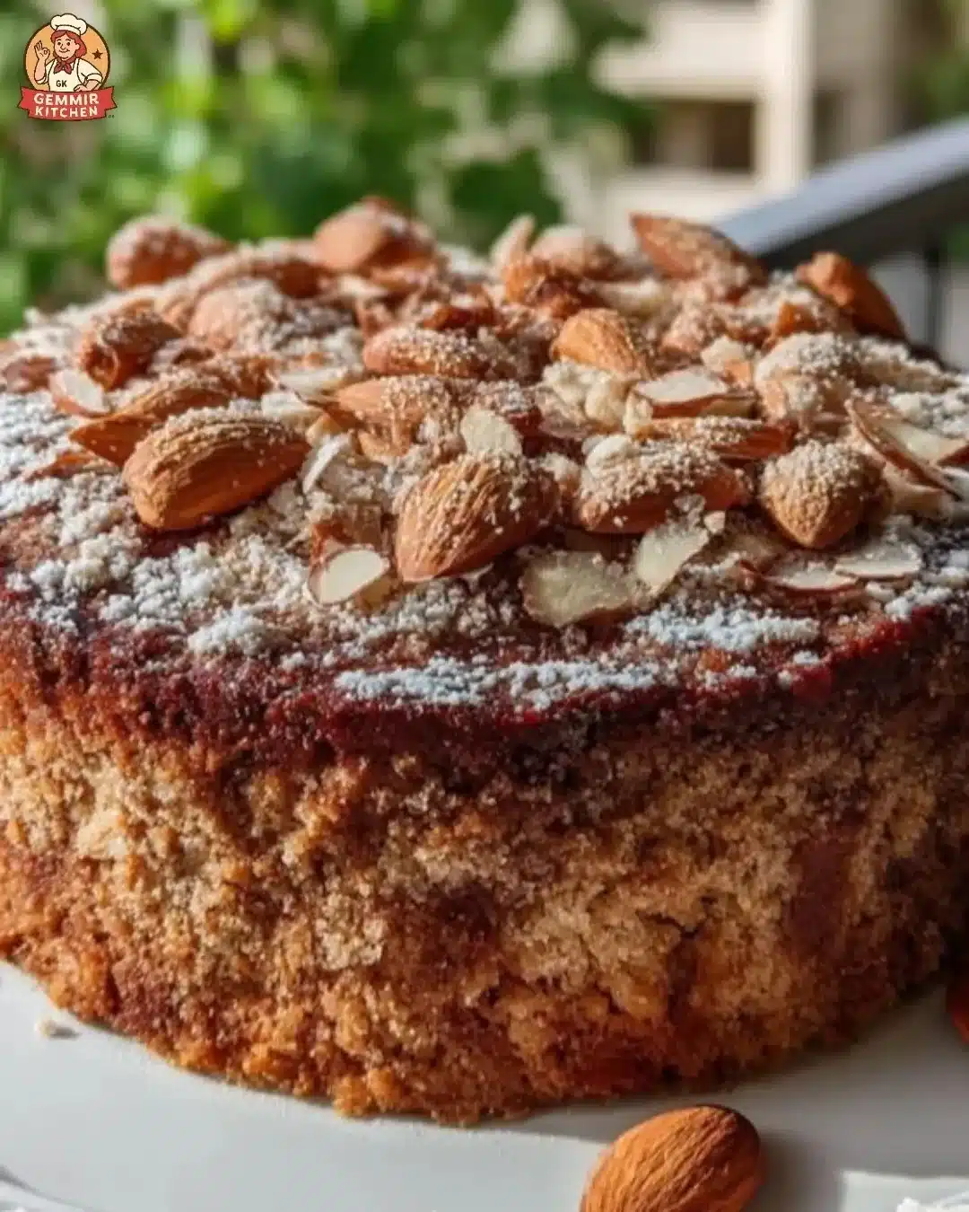 Sliced Coffee Almond Ricotta Torte garnished with almonds and coffee beans