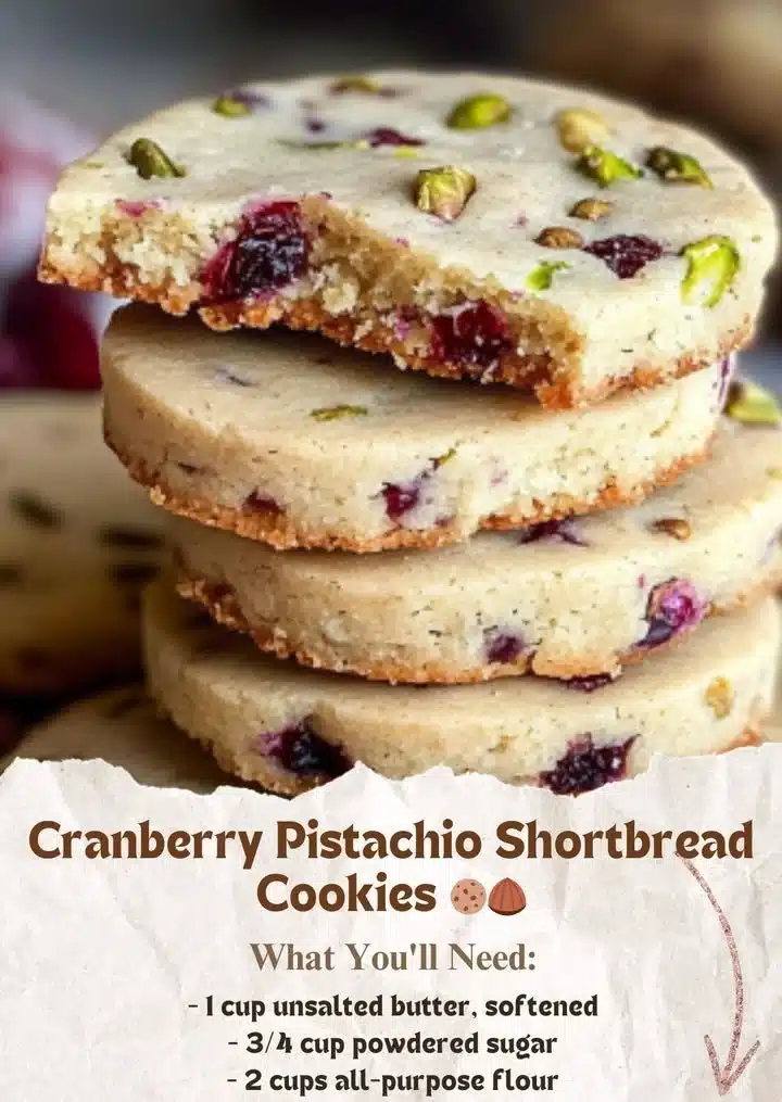 Cranberry Pistachio Shortbread Cookies on a plate