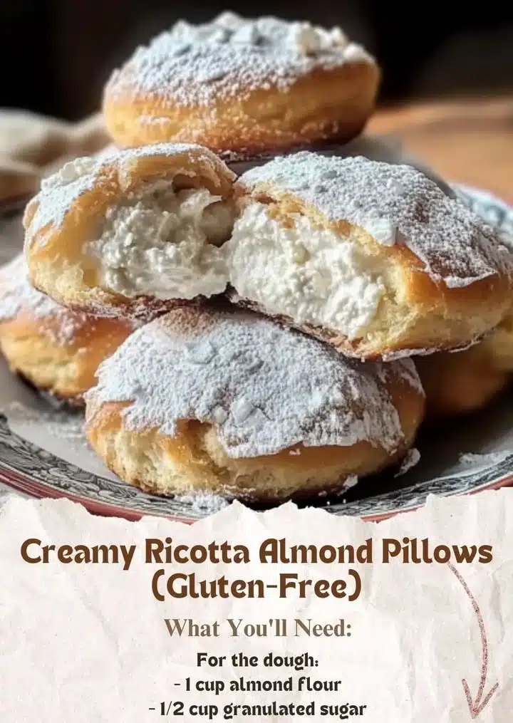 Creamy ricotta almond pillows served on a plate, garnished with almonds.