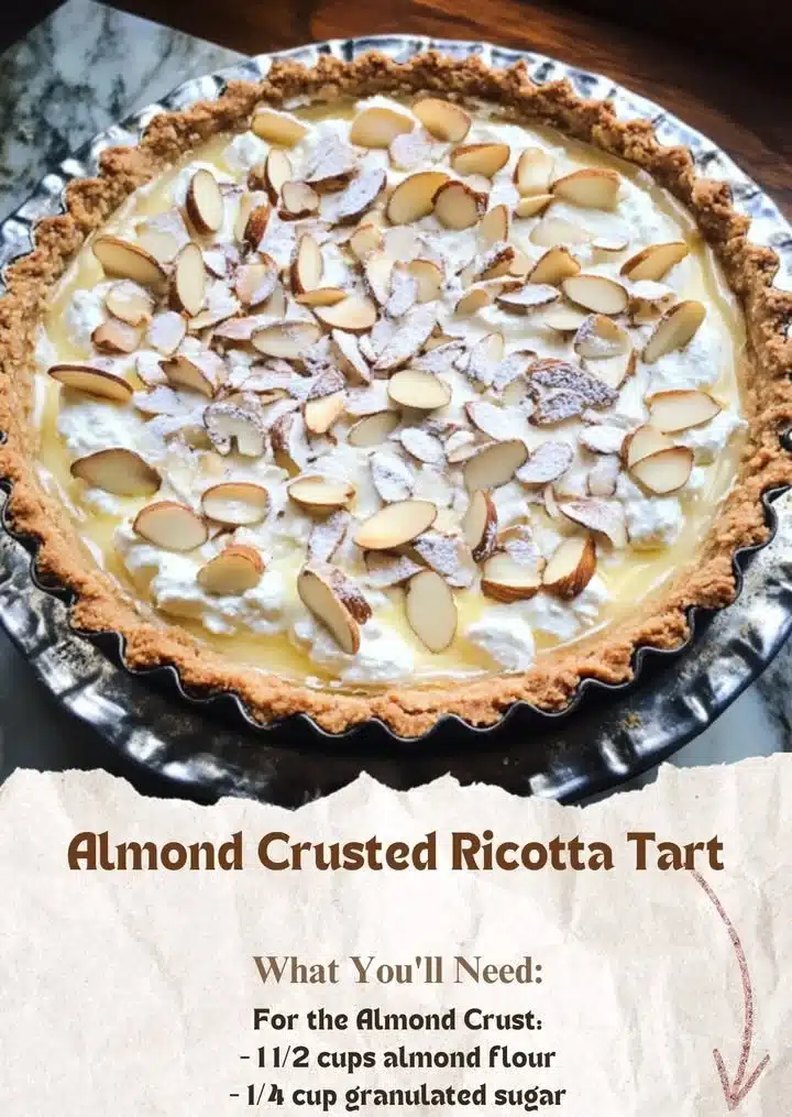 Creamy ricotta almond tart topped with almond slices and fresh fruit