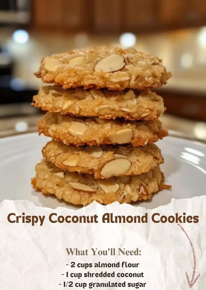 Plate of crispy coconut almond cookies with almonds and coconut flakes
