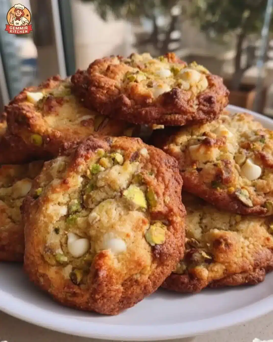 Crispy Pistachio Cookies 2 Batch of crispy pistachio cookies on a rustic wooden table