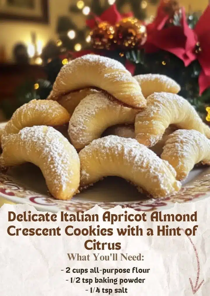 Delicate Italian apricot almond crescent cookies on a plate