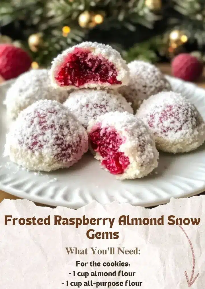 Frosted Raspberry Almond Snow Gems 2 Frosted raspberry almond snow gems dessert arranged on a plate