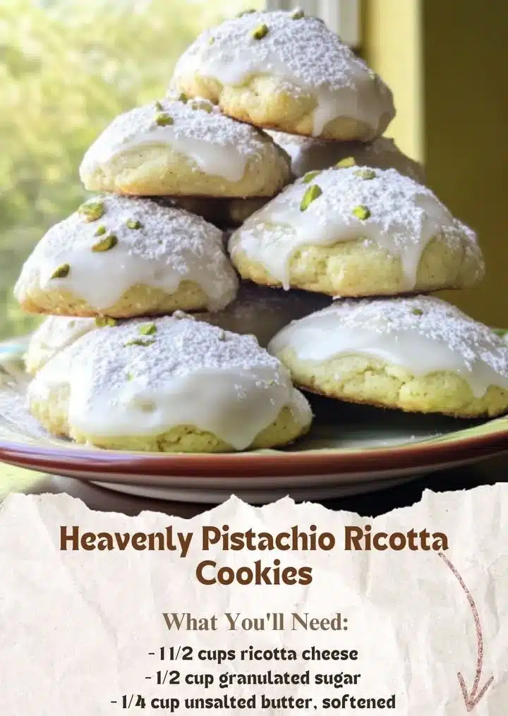 Heavenly pistachio ricotta cookies topped with crushed pistachios.