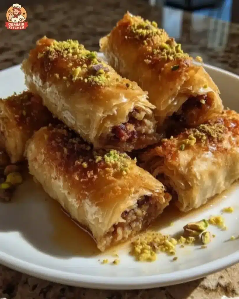 Delicious Honey Pistachio Baklava Rolls with honey glaze and crushed pistachios