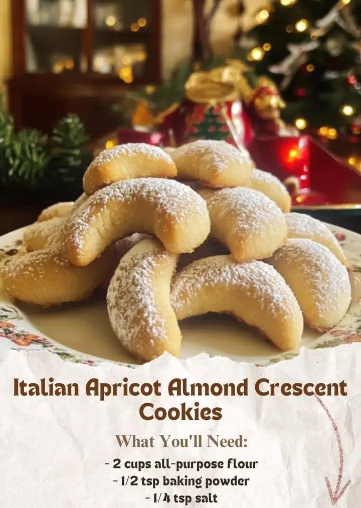 Italian Apricot Almond Crescent Cookies 2 Italian Apricot Almond Crescent Cookies topped with almonds and filled with apricot.