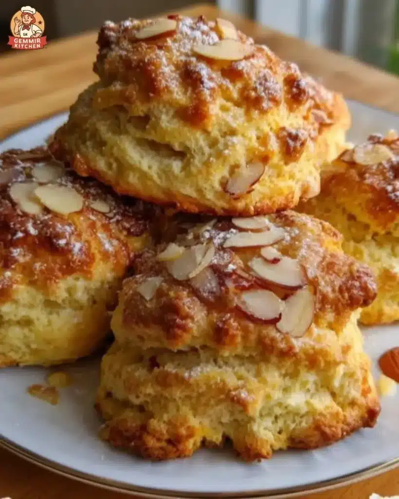 Freshly baked Lemon Almond Cream Scones on a plate with citrus zest