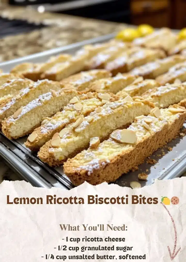Plate of baked Lemon Ricotta Biscotti Bites with a lemon garnish