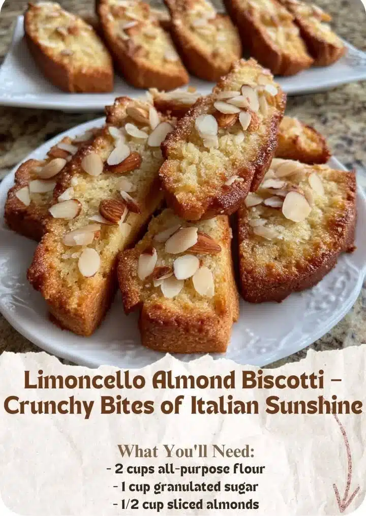 Limoncello Almond Biscotti 2 Delicious Limoncello Almond Biscotti on a plate, perfect for pairing with coffee.