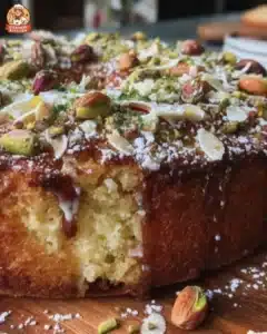 Limoncello cake with pistachio and almond garnish on a white plate