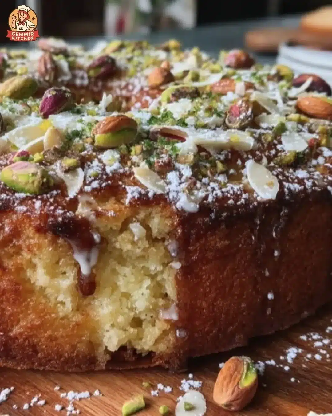 Limoncello cake with pistachio and almond garnish on a white plate