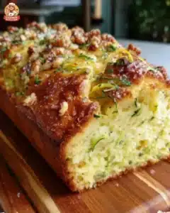 Slice of Limoncello Zucchini Ricotta Bread on a wooden cutting board