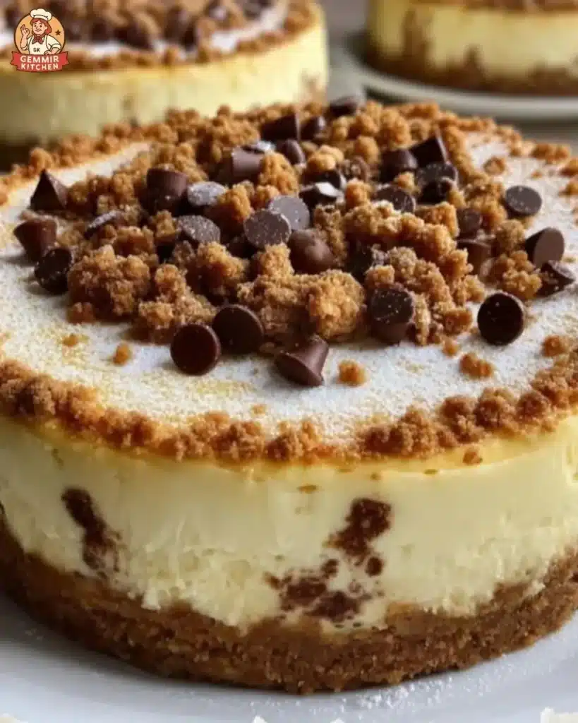 Mascarpone Ricotta Cannoli Cheesecake topped with chocolate chips and whipped cream