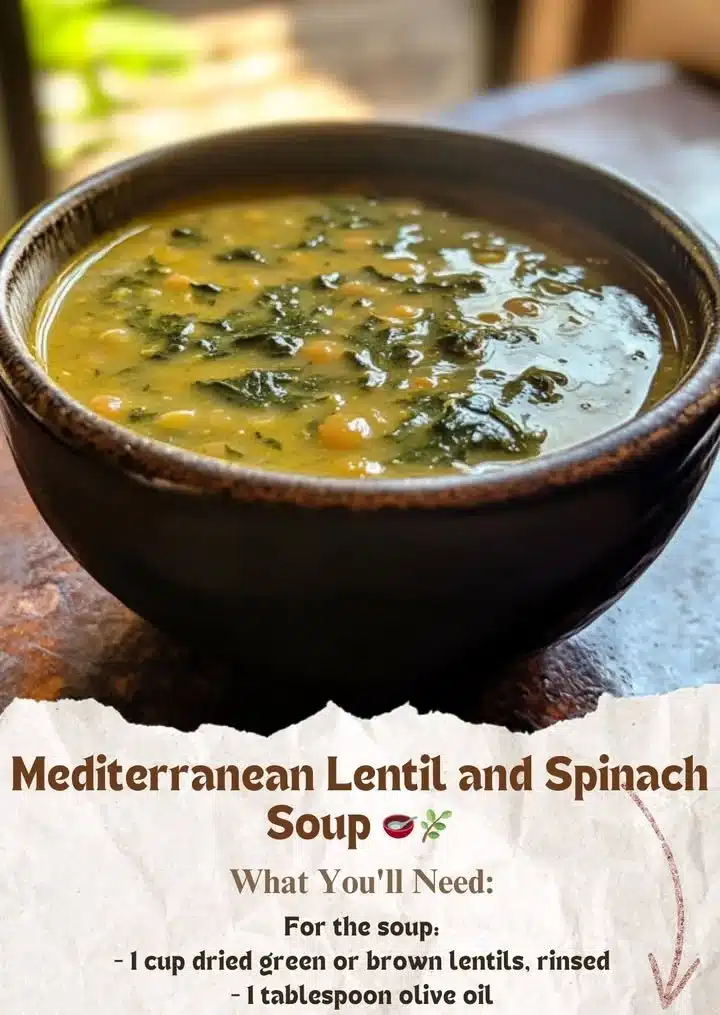 Bowl of Mediterranean lentil and spinach soup garnished with herbs