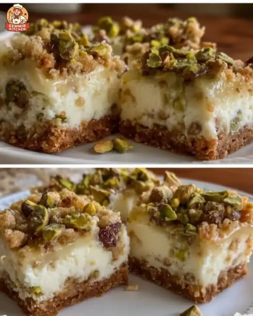 No-bake honey pistachio ricotta bars topped with pistachio nuts