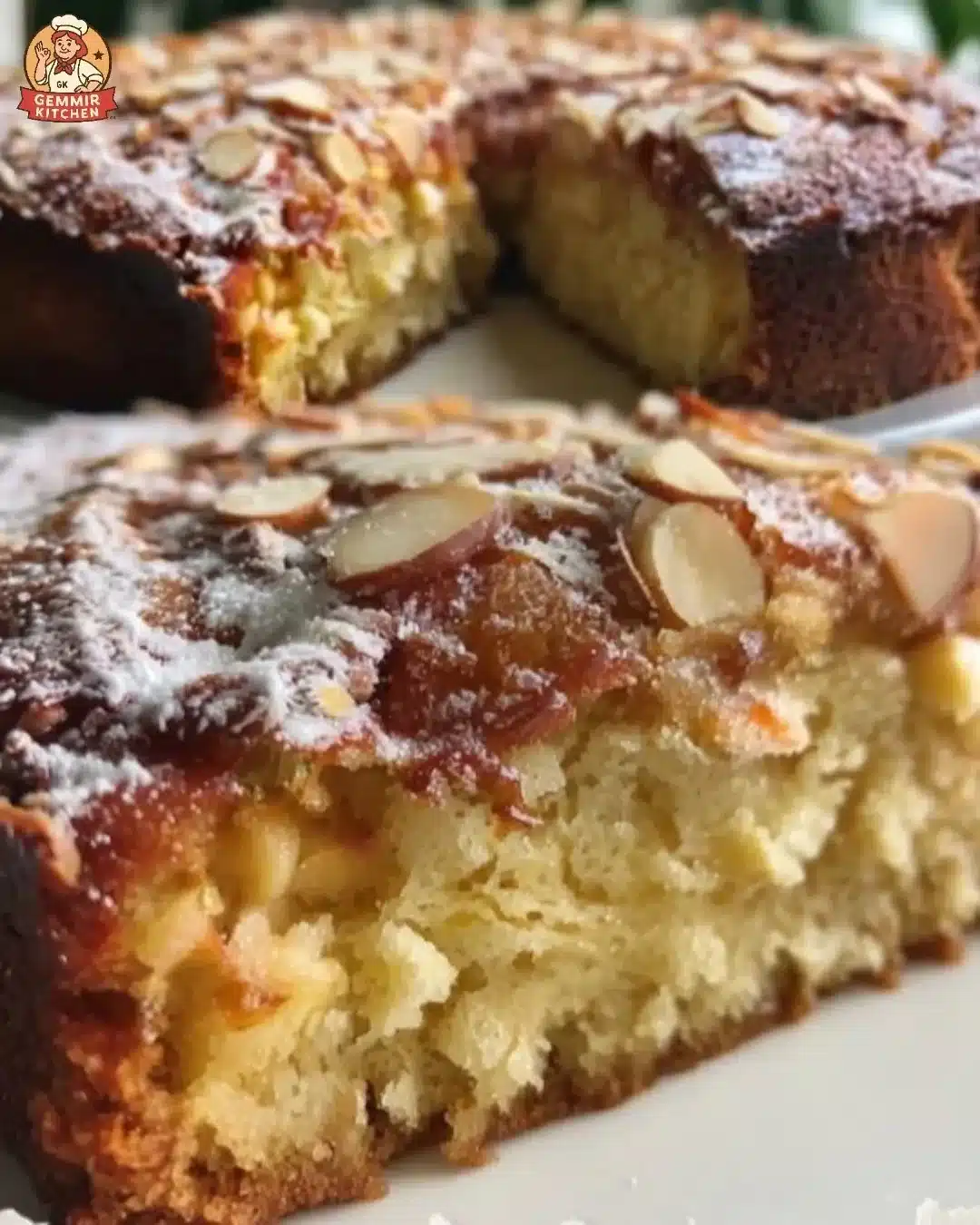 Delicious almond ricotta coffee cake in a serving dish with almonds on top.