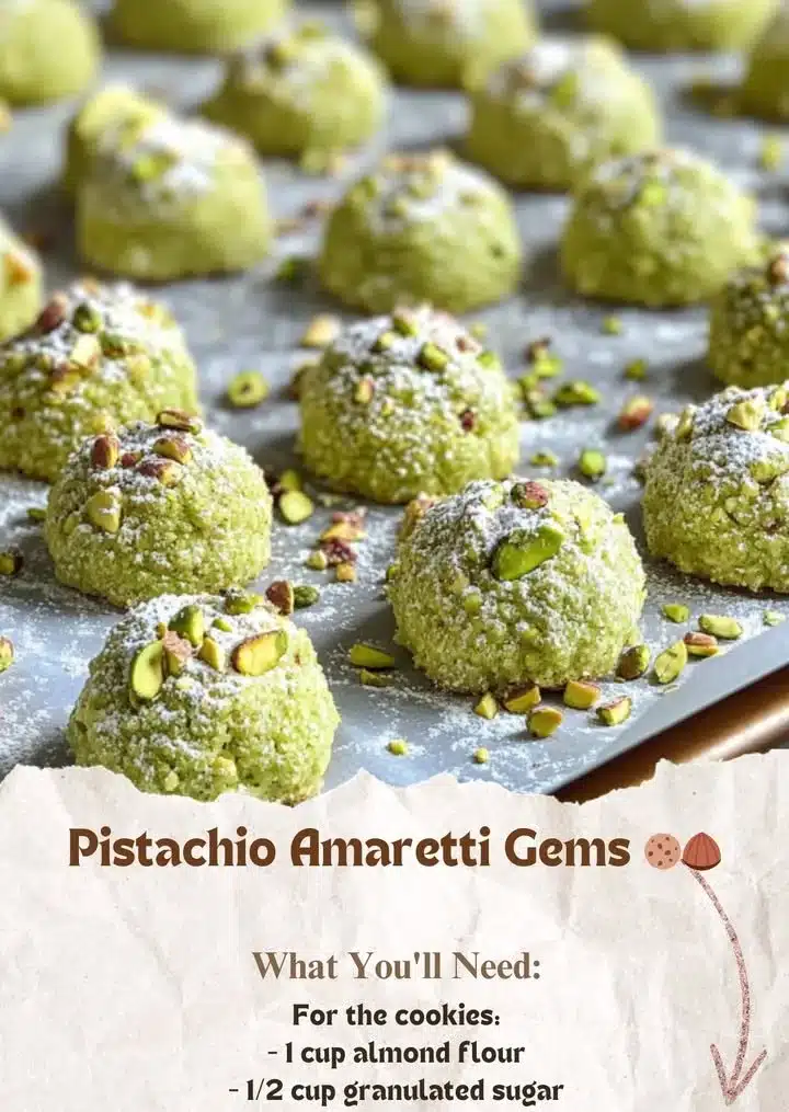 Pistachio Amaretti Gems, delicious almond cookies sprinkled with pistachios.