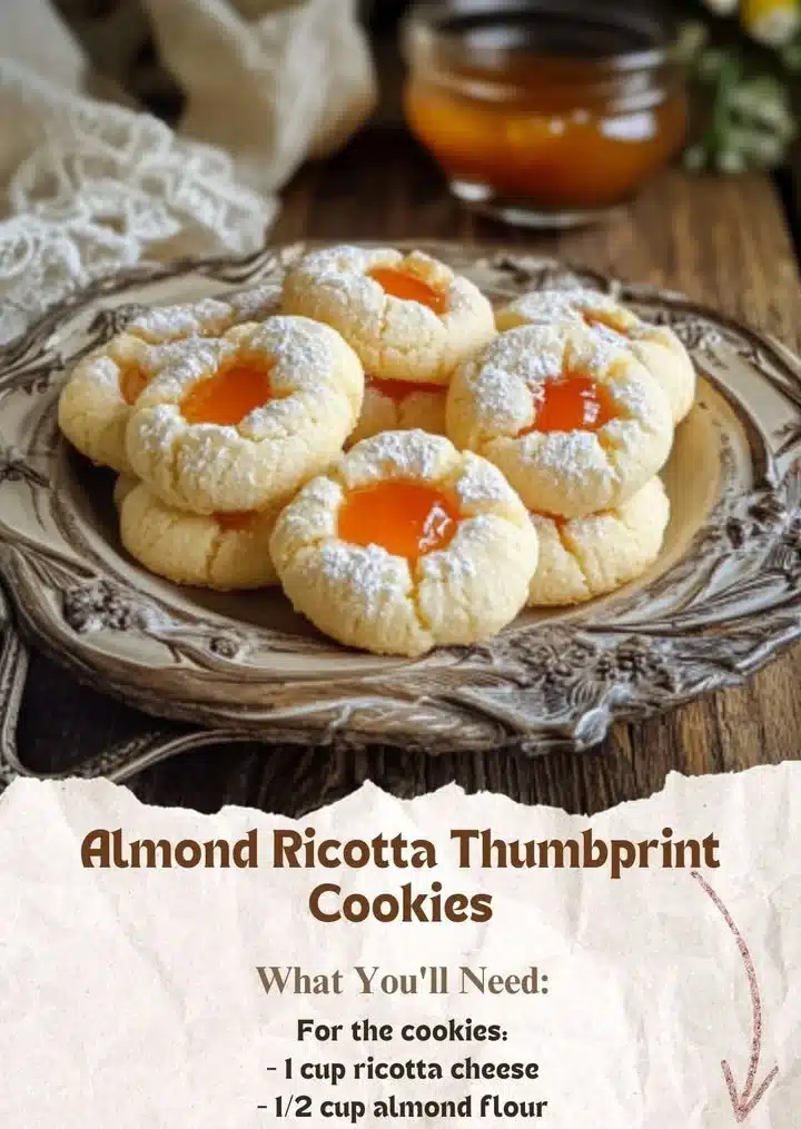 Ricotta Almond Thumbprint Cookies filled with Apricot Jam, a delicious treat.