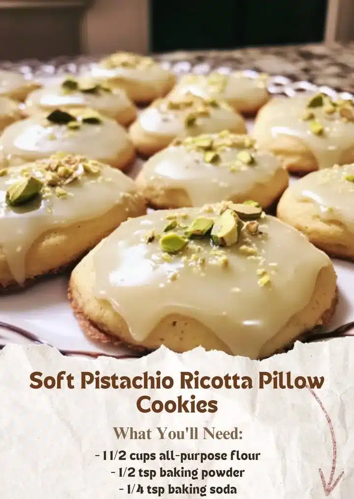 Soft pistachio ricotta cookies with almond glaze on a decorative plate