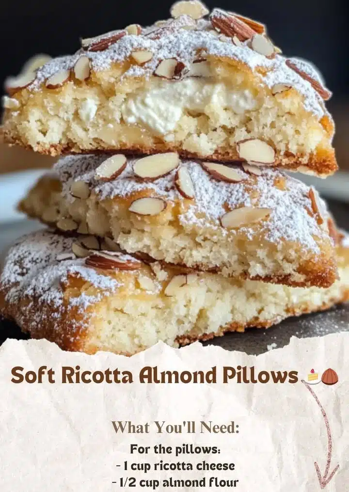 Soft Ricotta Almond Pillows, a creamy dessert filled with almond flavor.