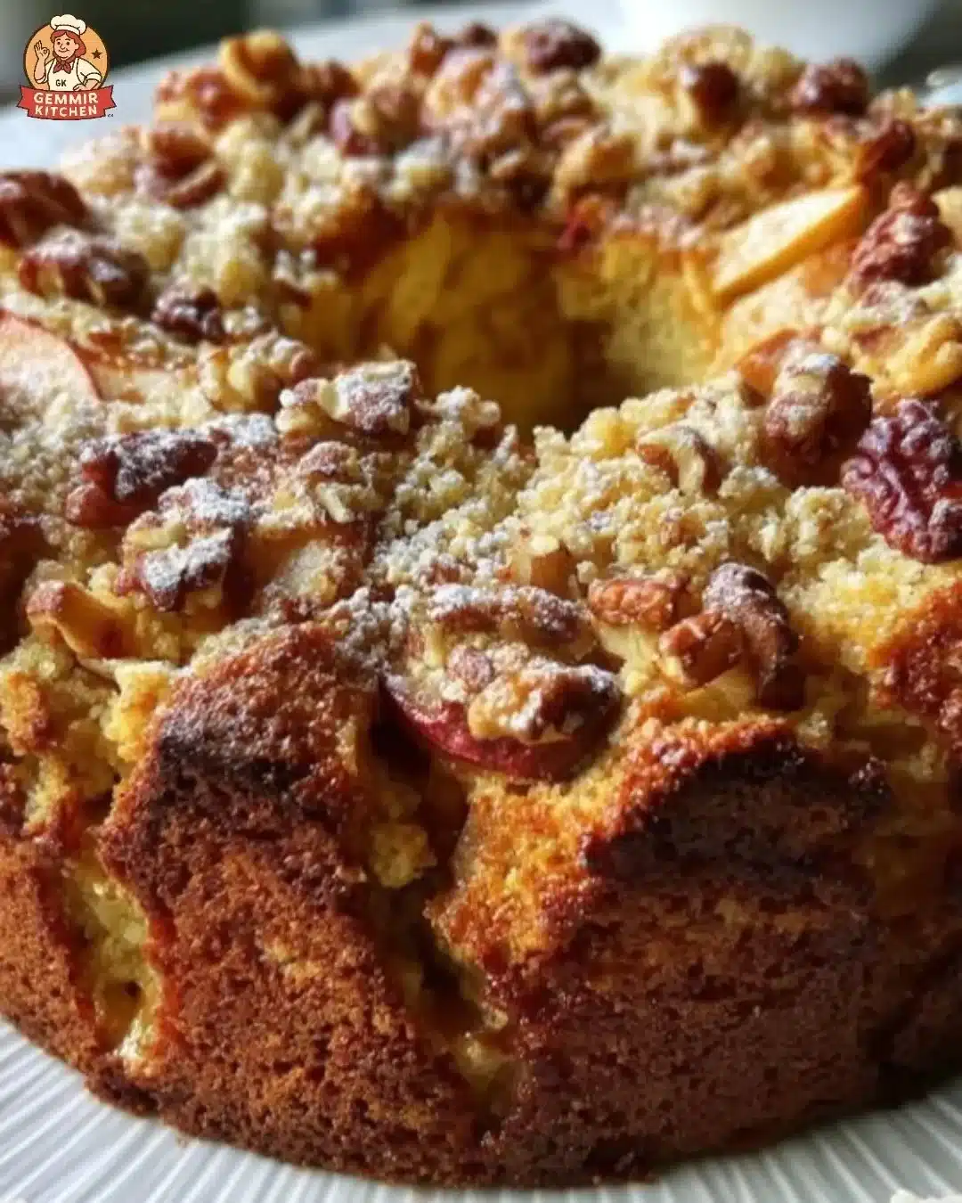 Spiced ricotta apple cake topped with fresh apple slices and dusted with powdered sugar.