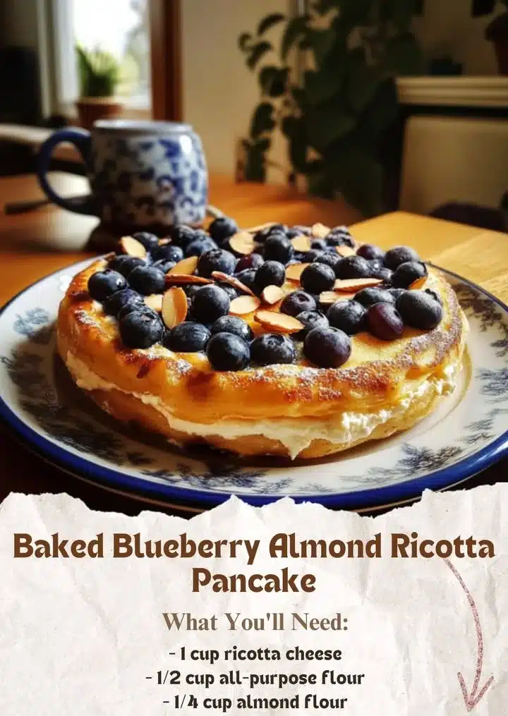 Thick Ricotta Blueberry Almond Pancakes 2 Thick ricotta blueberry almond pancakes stacked on a plate