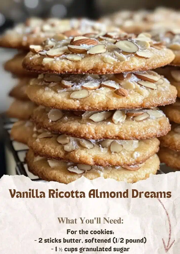 Delicious Vanilla Ricotta Almond Dreams dessert topped with almonds and vanilla drizzle.
