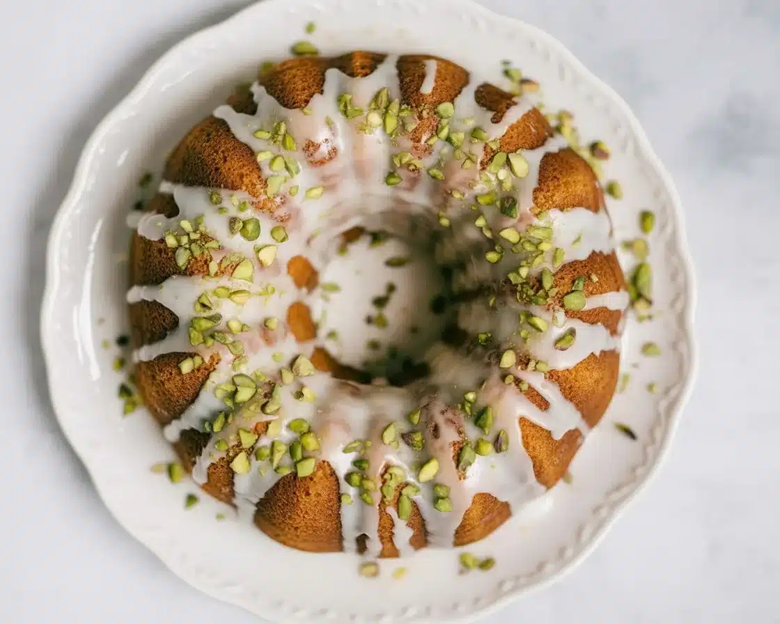 5 Delightful Layers of Orange Olive Oil Pistachio Cake 6 Slices of Orange Olive Oil Pistachio Cake with an orange glaze and pistachio bits.