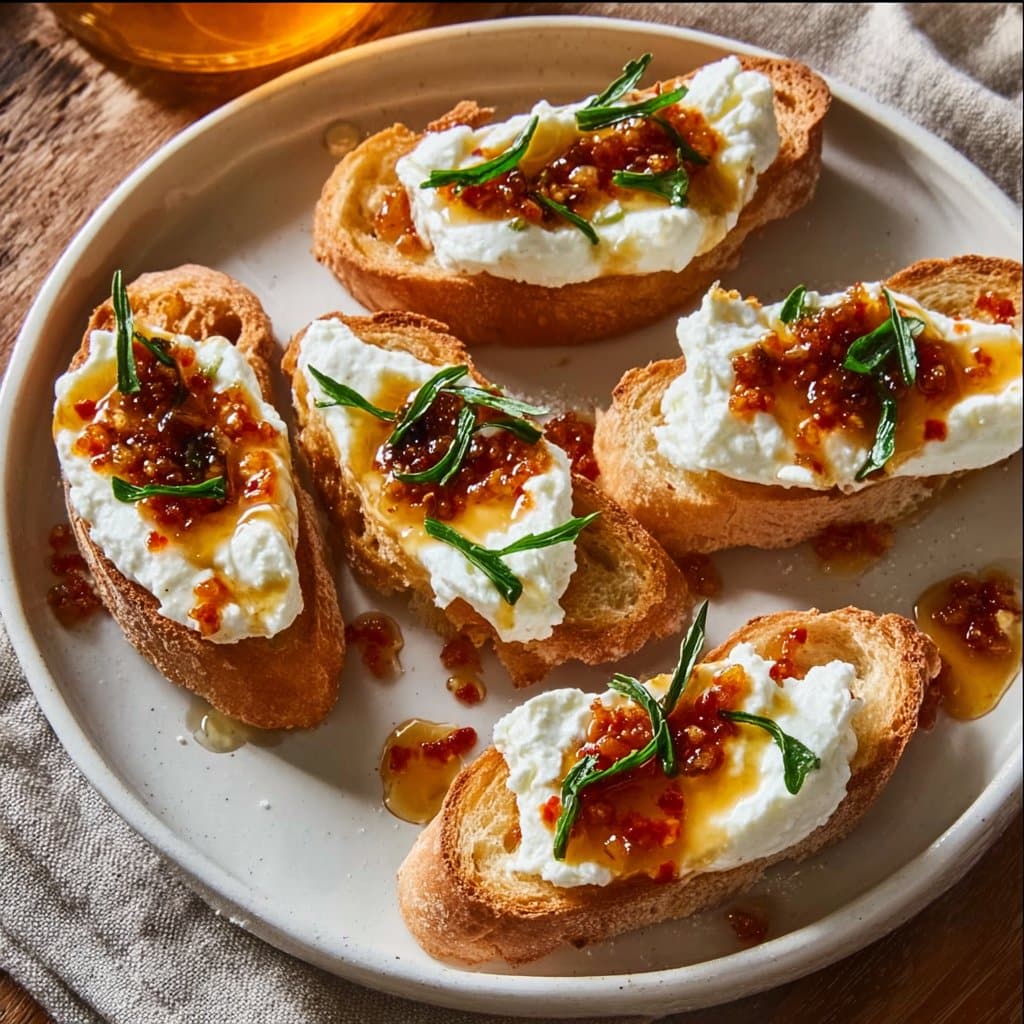 Sweet and Spicy Whipped Feta Crostini with Hot Honey and Sriracha