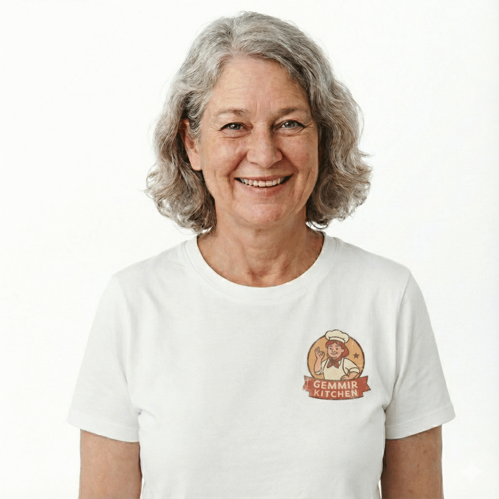 Me smiling in a white Gemmir Kitchen t-shirt, standing against a simple white background